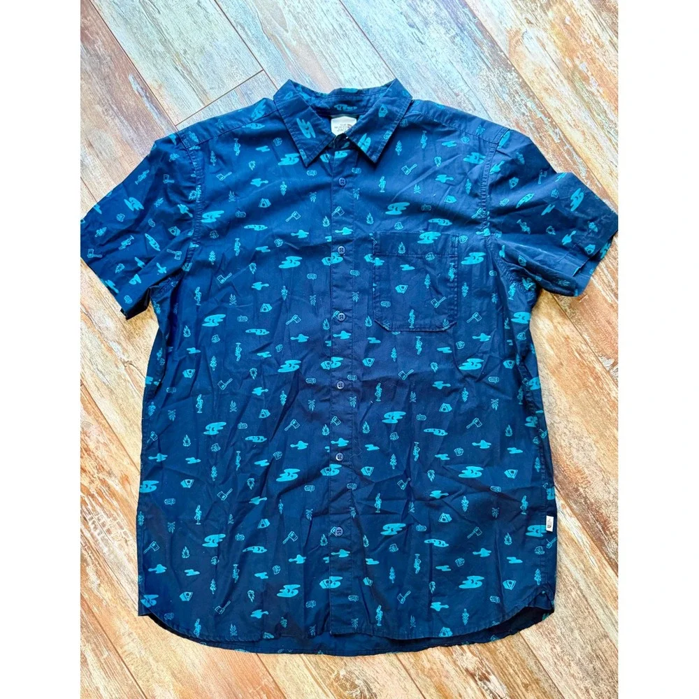 The North Face Men's XL Camping Print Shirt Blue Short Sleeve Button Up Gorpcore